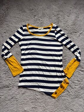 twenty second Navy & White Striped Long-Sleeve Top with Mustard Trim